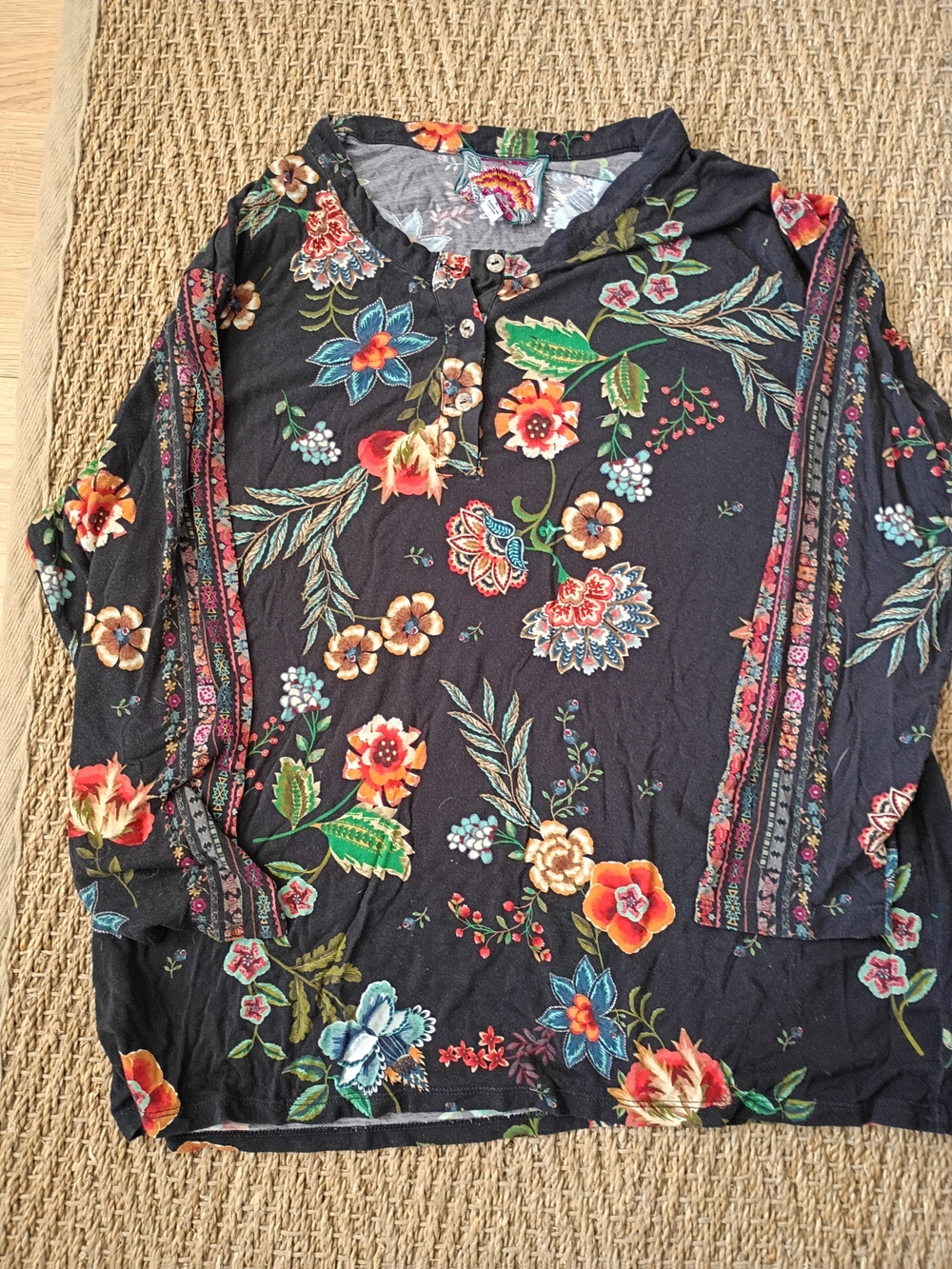 Johnny Was Black Floral Henley Top with Multicolor Blooms
